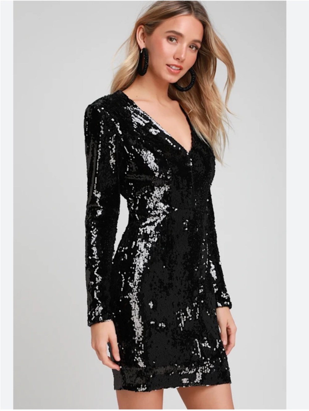 dress the population riley dress Black Sequin Long Sleeve V-Neck Dress